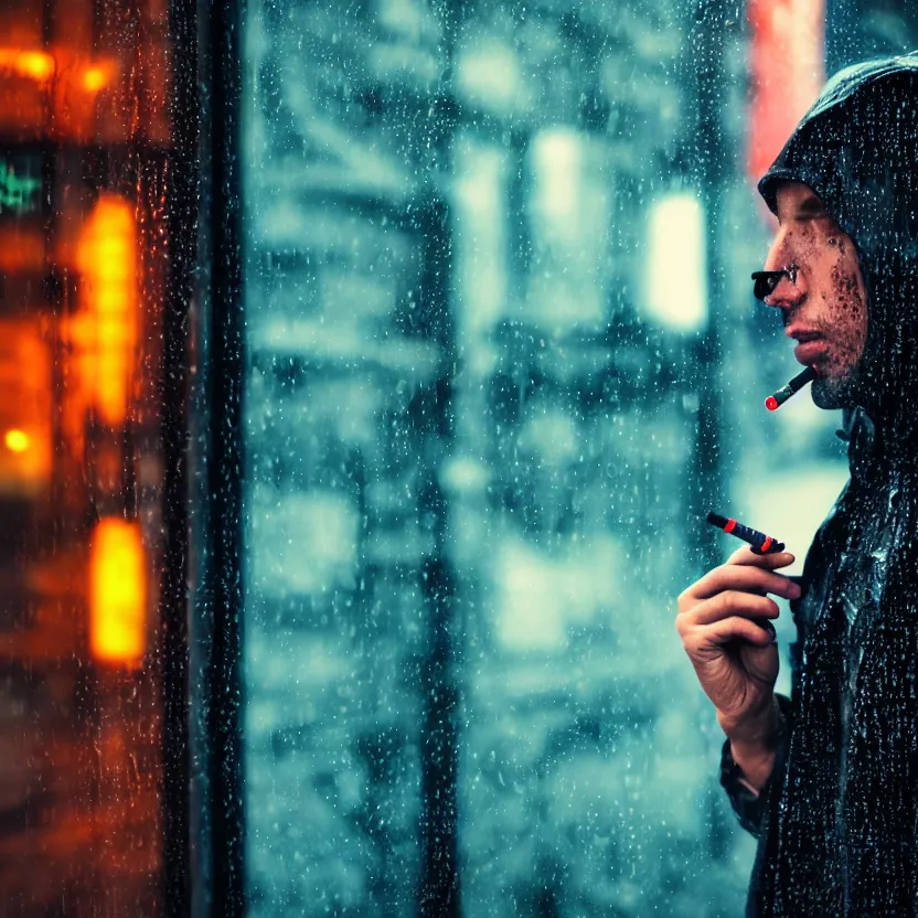 Image similar to a hooded cyborg holding a smoking cigarette outside of a windowed storefront, neon lights reflecting, pouring rain, high contrast, faded colors, depth of field, detailed 8k sci-fi portrait