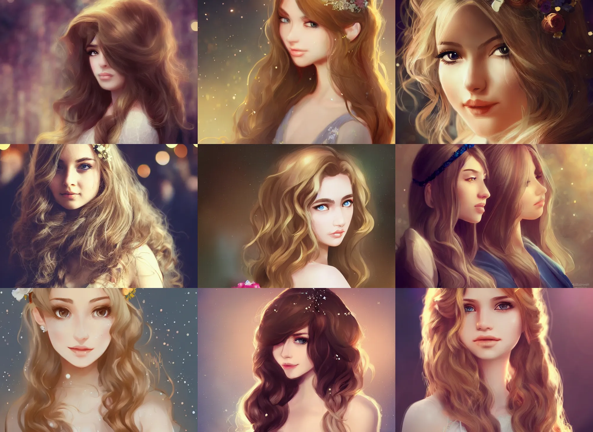 Image similar to a beauty with blonde wavy long hair and brown eyes and babyface attending weddings become the focus of the audience, bokeh, artstation