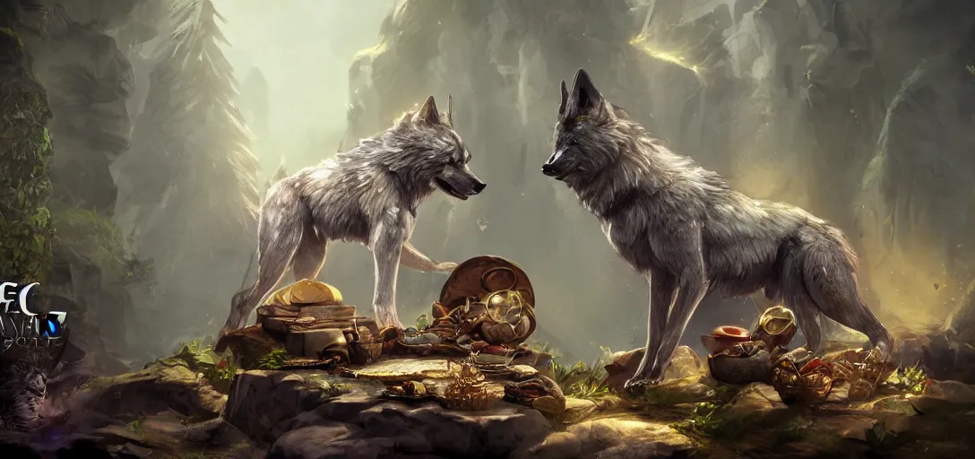 Image similar to magic wolves and their treasures. cgsociety, fantasy illustration, magic and power of the wolf. ArtStation, unreal engine 5