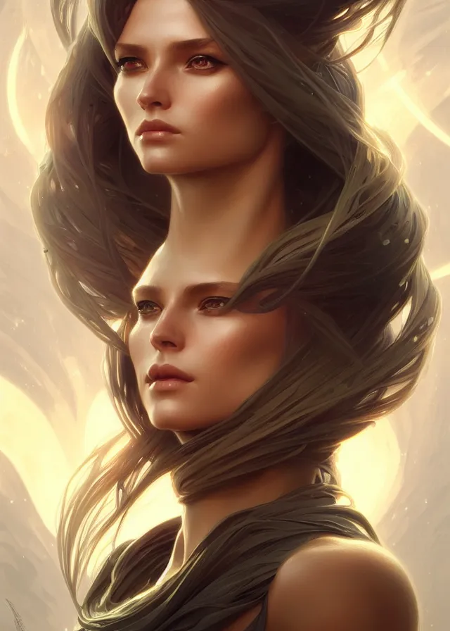 Image similar to futuristic woman portrait, sci-fi, amber eyes, face, long hair, fantasy, intricate, elegant, highly detailed, digital painting, artstation, concept art, smooth, sharp focus, illustration, art by artgerm and greg rutkowski and alphonse mucha