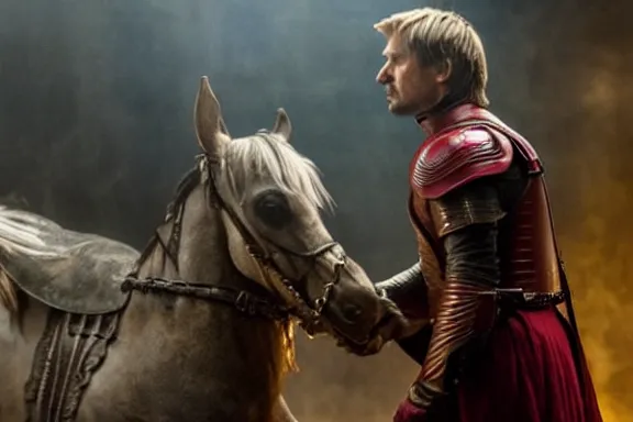 Image similar to very very intricate photorealistic photo of jaime lannister defeating cersei, photo is in focus with detailed atmospheric lighting, award - winning details