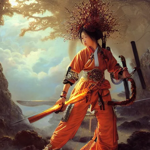 Prompt: japanese fire warrior goddess with a flaming sword, by ferdinand knab, insanely detailed, digital art, pixiv, much wow, wallpaper, 3 d style, shaded, radiant light, illuminated.