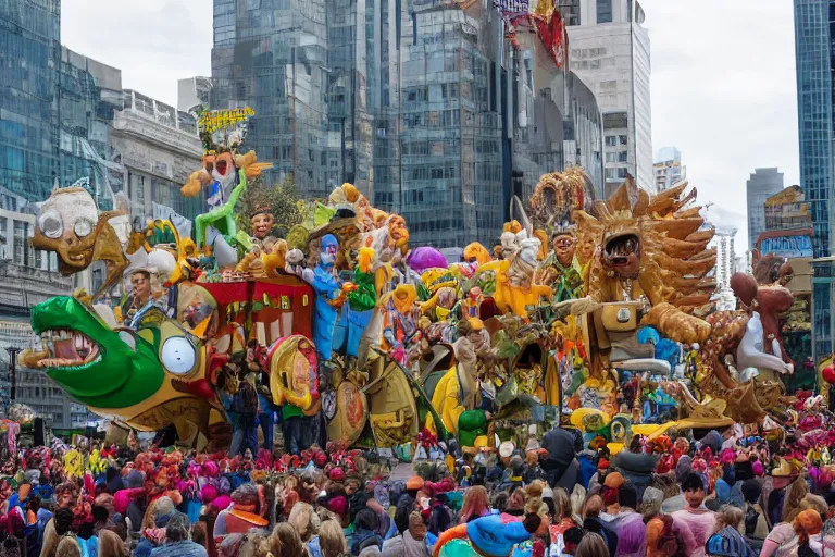 Image similar to photo of giant elaborate parade float designed by geoff darrow!!!! and ( ( ( ( ( ( rick and morty ) ) ) ) ) ), in the macys parade, detailed 4 k photo