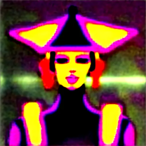 Prompt: detailed portrait cyberpunk robotic cybergirl with witch hat on flying cyberbroom in night city at giant japanese neon label 4 k, digital art, with cute face