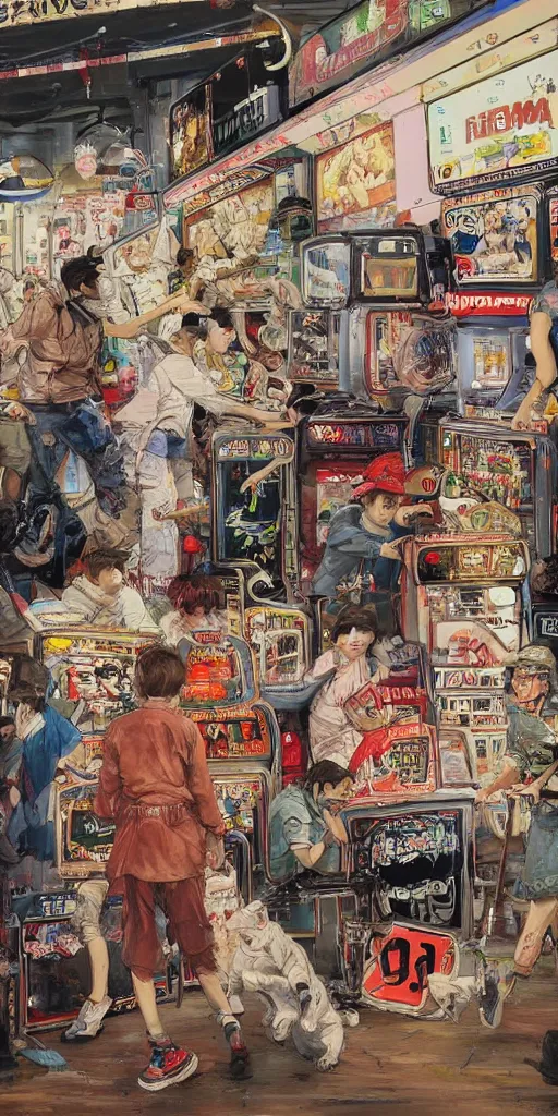 Image similar to oil painting scene from amusement arcade by kim jung gi