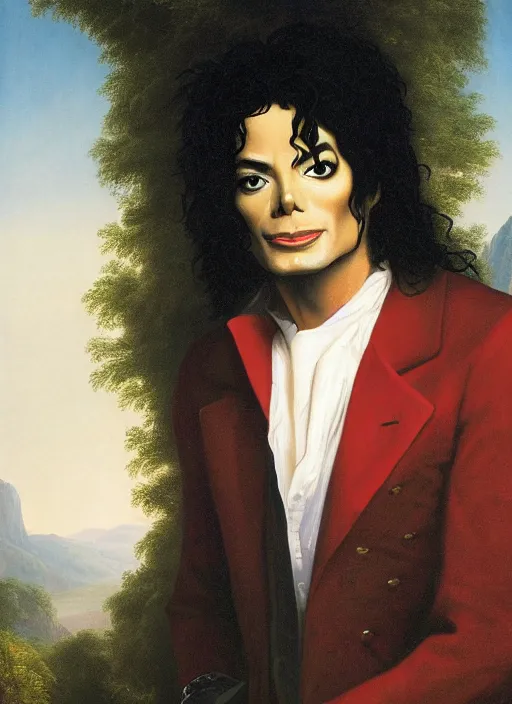 Image similar to individual portrait of michael jackson standing against a thomas cole naturalist style backdrop of mount olympus, michael jackson