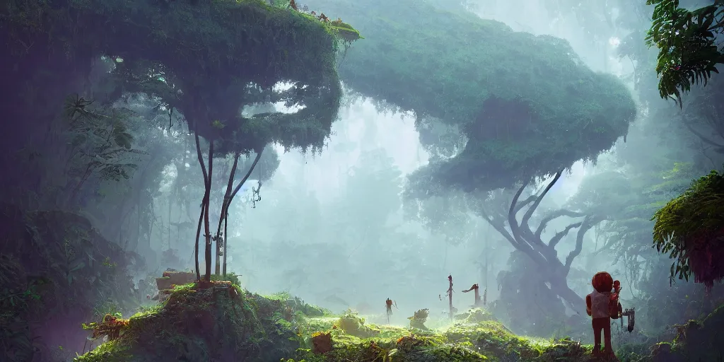 Prompt: indistinct gawking tourist with a camera pointing, jungle landscape, broken down grey wall,, alena aenami, petros afshar, noah bradley, anton fadeev, anato finnstark, steve henderson, filip hodas, mark keathley, thomas kinkade, phil koch, gilbert williams, mike winkelmann, beeple