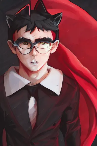 Image similar to little boy with cat ears in an black suit with red cape. digital artwork made by lois van baarle and kentaro miura, sharpness focus, inspired by hirohiko araki, anatomically correct, heroic composition, hero pose, smooth