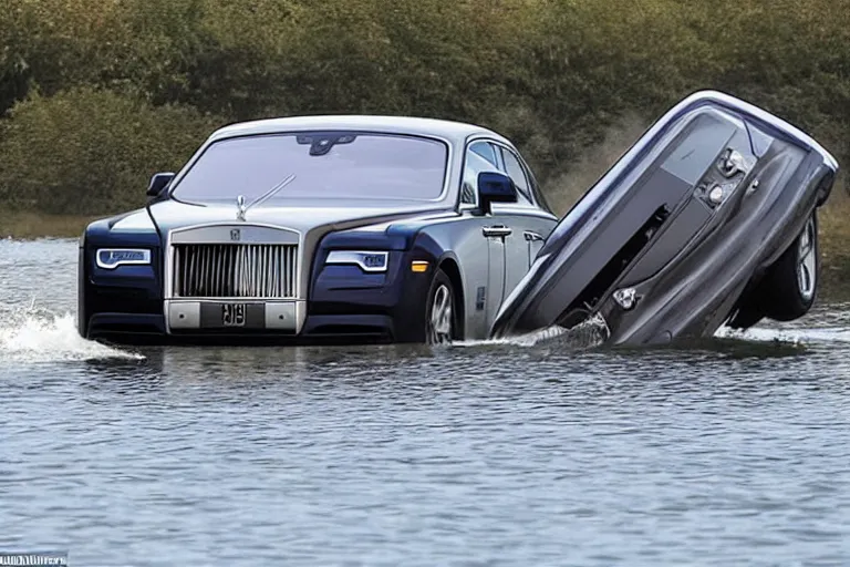 Image similar to Teenagers push Rolls-Royce into lake with their hands from a small slide wanting to drown him