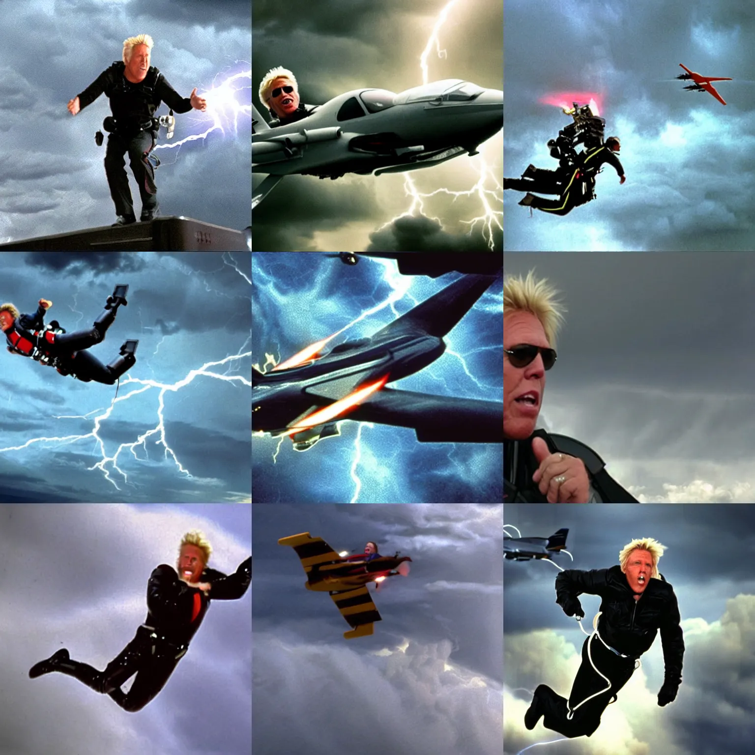 Prompt: gary busey flies through a stormy sky on a jet pack lightning archs across the background movie still
