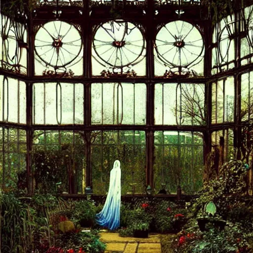 Image similar to a beautiful painting of an eerie hovering ghost inside a large overgrown victorian greenhouse with large windows, warm lights, evening, stunningly beautiful art nouveau architecture, by john atkinson grimshaw