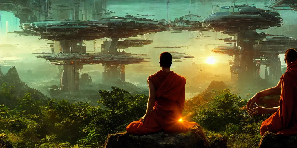Image similar to a cinematic composition depicting : a computer run cyberpunk civilization encroaching on a solarpunk world, on top of the mountain a monk is in a lotus pose overlooking a hopeful and lush foresty solarpunk valley at sunrise