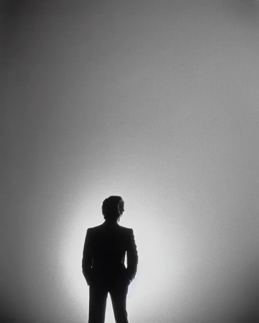 Image similar to 1979 young Gary Numan in a suit, lit by James Turrell, professional photography, darkwave semi-silhouette with red rim light, sigma 35mm f/8