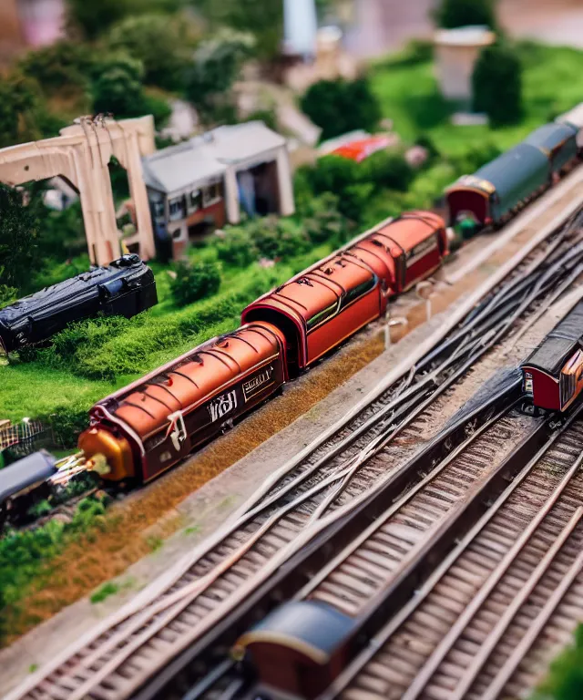 Image similar to high quality presentation photo of a model railway with model steam trains, photography 4k f1.8 anamorphic bokeh 4k Canon Nikon