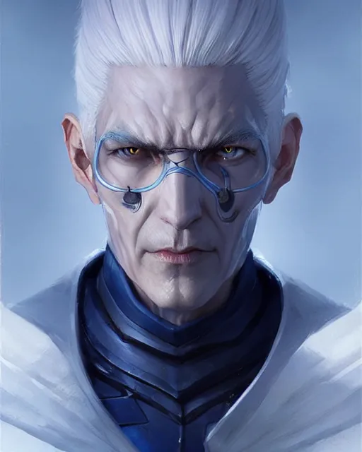 Image similar to character portrait of a slender half eldar man with white hair, piercing blue eyes, and pale bluish skin, by greg rutkowski, mark brookes, jim burns, tom bagshaw, trending on artstation