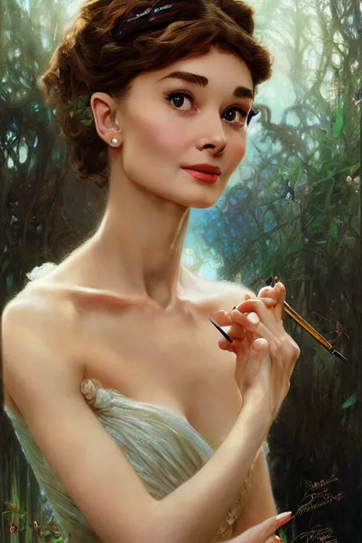 Image similar to young Audrey Hepburn portrait, fantasy, elegant, intricate, delicate, by Stanley Artgerm Lau, greg rutkowski, thomas kindkade, alphonse mucha, loish, norman Rockwell