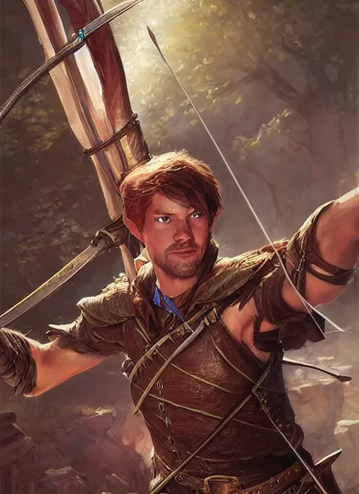 Image similar to bowman archer, robin hood, ultra detailed fantasy, dndbeyond, bright, colourful, realistic, dnd character portrait, full body, pathfinder, pinterest, art by ralph horsley, dnd, rpg, lotr game design fanart by concept art, behance hd, artstation, deviantart, hdr render in unreal engine 5