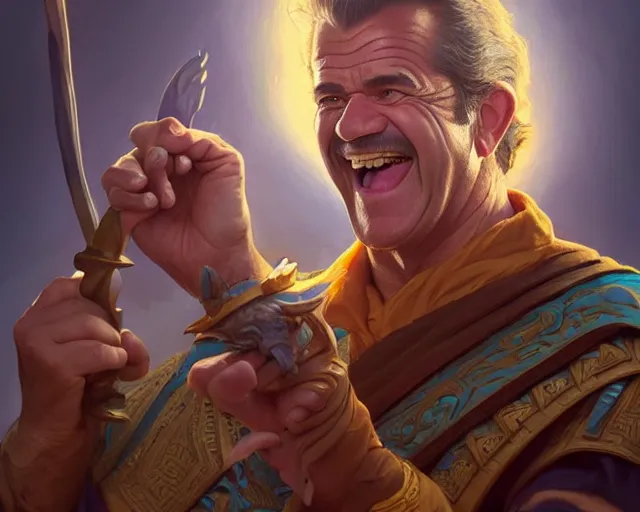 Image similar to mel gibson laughing out loudy, photography of kurzgesagt, deep focus, d & d, fantasy, intricate, elegant, highly detailed, digital painting, artstation, concept art, matte, sharp focus, illustration, hearthstone, art by artgerm and greg rutkowski and alphonse mucha