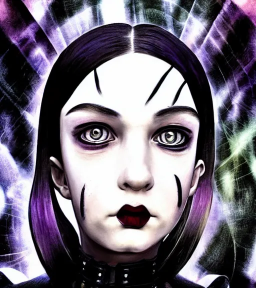 Prompt: very imposing closeup portrait of a futuristic wednesday addams in a blend of manga - style art and photorealism, augmented with vibrant composition and color, all filtered through a cybernetic lens, by hiroyuki mitsume - takahashi and noriyoshi ohrai and annie leibovitz, dynamic lighting, flashy modern background with black stripes