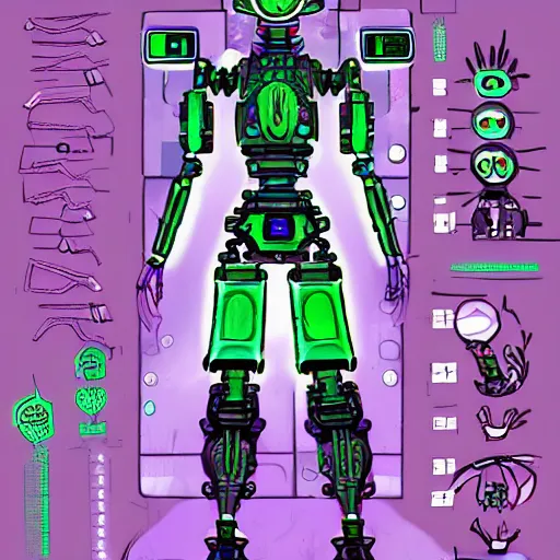Image similar to concept art of a cyberpunk pirate robot that is overgrown by neon mushrooms, digital art, concept art, character sheet, character design