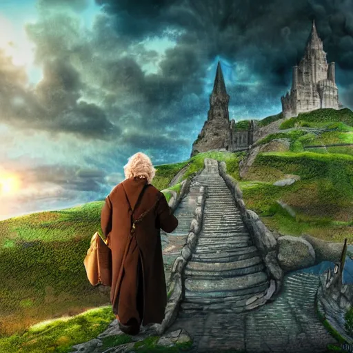 Prompt: Bilbo Baggins stranded in a beautiful city of the future, digital art