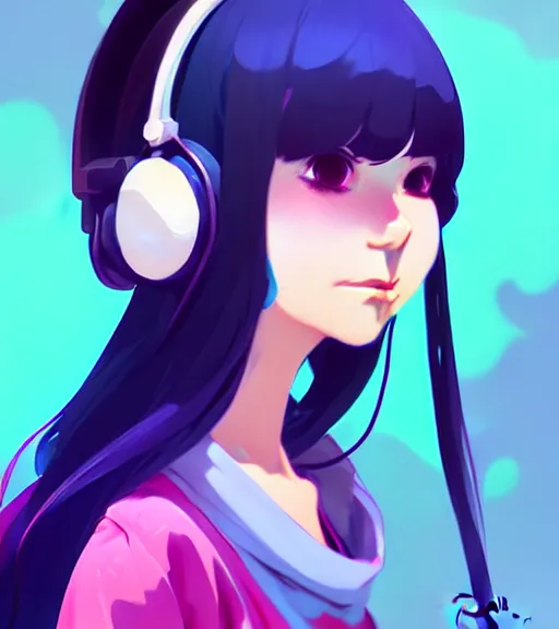 Image similar to little female character inspired by 9 0's fashion and by madeline from celeste, art by rossdraws, wlop, ilya kuvshinov, artgem lau, sakimichan and makoto shinkai, concept art, headphones