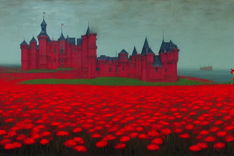 Image similar to only with red, red flowers of different types, red castle in background, red medieval goblins, in the style of beksinski, parts by edward hopper, parts by rodcenko, parts by yue minjun, intricate and epic composition, red by caravaggio, insanely quality, highly detailed, masterpiece, red light, artstation, 4 k