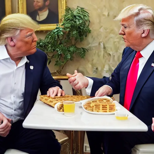 Image similar to trump and Biden sitting and eating breakfast at a Wafflehouse