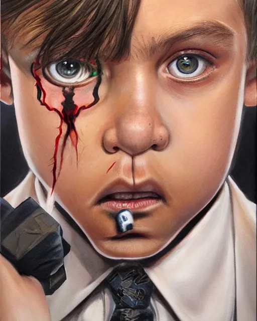 Prompt: portrait of a 7 year old child crime boss, gritty, wearing a suit, smoking, very detailed eyes, hyperrealistic, very detailed painting by Glenn Fabry, by Joao Ruas, by Artgerm