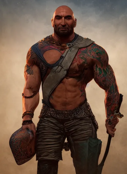 Image similar to A fantasy comic book style portrait painting of Dave Bautista as a archer, unreal 5, DAZ, hyperrealistic, octane render, RPG portrait, dynamic lighting