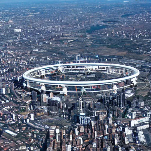 Image similar to aerial photo of a giant ring-shaped space station encircling a modern city, the ring is horizontal, surrounding the city, establishing shot, cinematic