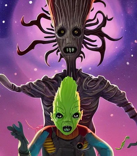 Prompt: Tim Burton style Guardians of the galaxy by Alex Pardee and Nekro and Petros Afshar, and James McDermott,unstirred paint, vivid color, cgsociety 4K