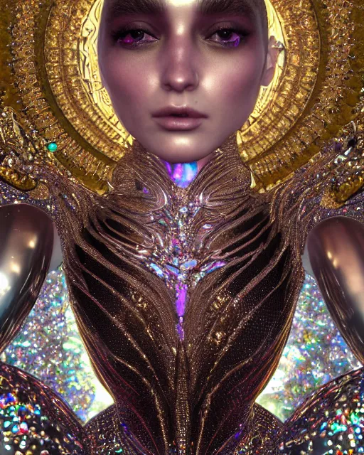 Image similar to a highly detailed metahuman 4 k close up render of an alien goddess bella hadid queen in iris van herpen dress schiaparelli in diamonds crystals swarovski and jewelry iridescent in style of alphonse mucha gustav klimt trending on artstation made in unreal engine 4