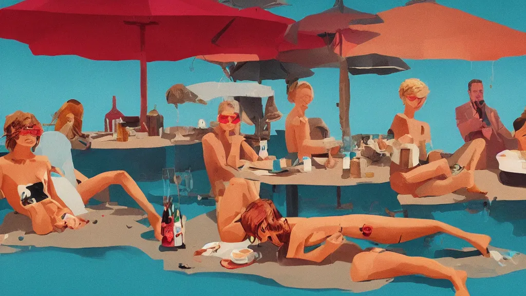 Image similar to A beach lunch, in the style of David Lynch, by Wes Anderson, concept art, artstation