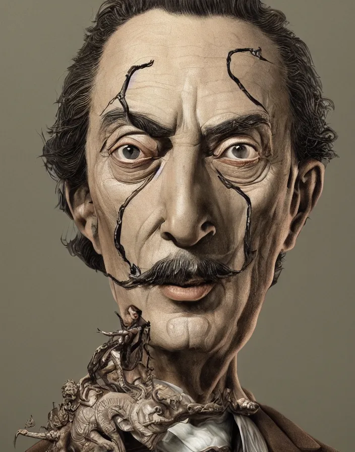 Prompt: Salvador Dalí grotesque portrait, D&D, fantasy, intricate, elegant, highly detailed, digital painting, artstation, concept art, smooth, sharp focus, high detail, octane render, 8k