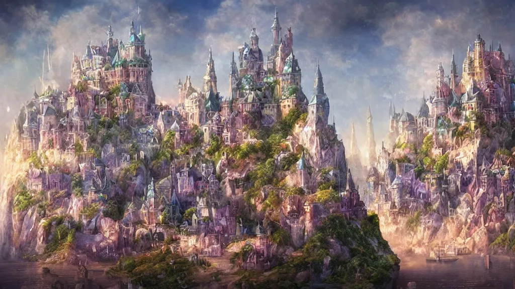 Image similar to fantasy floating city made of crystals sapphires jade and crystals, medieval, cinematic, architecture visualisation, academic painting, oil, landscaoe