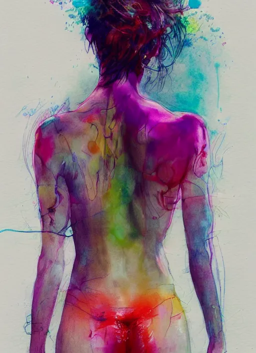 Prompt: sexy seducing woman in short by agnes cecile, half body portrait, 3 / 4 view from back, bending over, extremely luminous bright design, pastel colours, ink drips, autumn lights