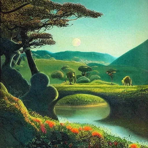 Prompt: A beautiful photograph of a landscape. It is a stylized and colorful view of an idyllic, dreamlike world with rolling hills, peaceful looking animals, and a flowing river. The scene looks like it could be from another planet, or perhaps a fairy tale. umber by Hal Foster relaxed, dull