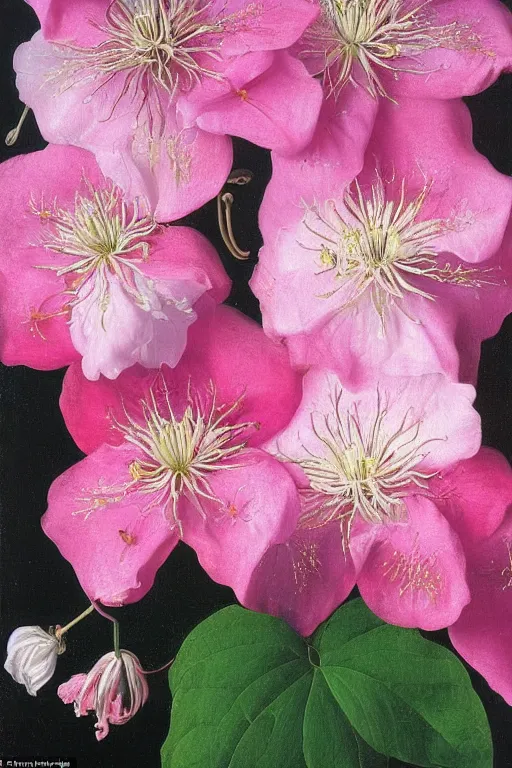 Prompt: thousands of clustered pink dripping clematis liquefying dripping with pink paint by ambrosius bosschaert and salvador dali, oil on canvas