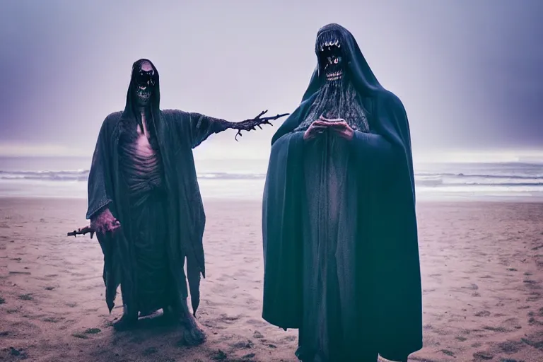 Prompt: professional instagram selfie of an undead elder lich with a magnificent regal robe at the beach, holding a frosted cake, misty bokeh background, 3 5 mm lens, wide - angle, post - processing, stunning 8 k octane render, masterpiece portrait, face inspired by greg rutkowzki and artgerm, soft glow