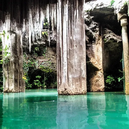 Prompt: cenotes with huge, hexagonal pillar in the center