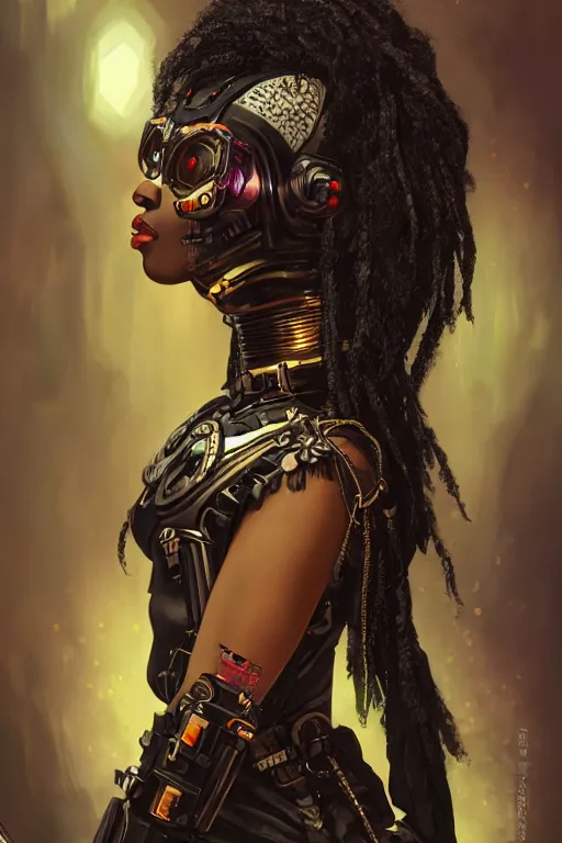 Prompt: portrait of a beautiful young gothic Black woman, cyberpunk, Warhammer, highly detailed, artstation, illustration, art by Gustav Klimt