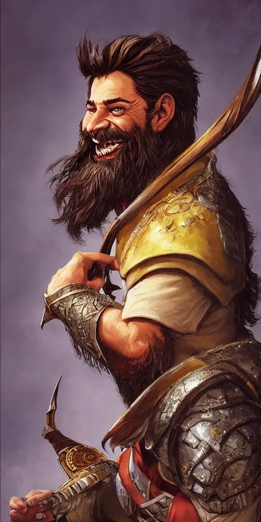 Image similar to beautiful portrait painting of a very short and small male halfing bard with brown hair with some grey hairs, full beard, ridiculous smile, from pathfinder, evil smirk, narcissist, self centered, painted by larry elmore, wayne reynolds, greg rutkowski, magic the gathering, dungeons and dragons, dishonored 2