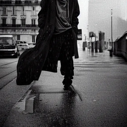 Image similar to black and white fashion photograph, highly detailed portrait of a depressed guy as a drug dealer on a busy Paris street, detailed face looking into camera, eye contact, natural light, rain, mist, lomo, fashion photography, film grain, soft vignette, sigma 85mm f/1.4 1/10 sec shutter, Daren Aronofsky film still promotional image, IMAX 70mm footage