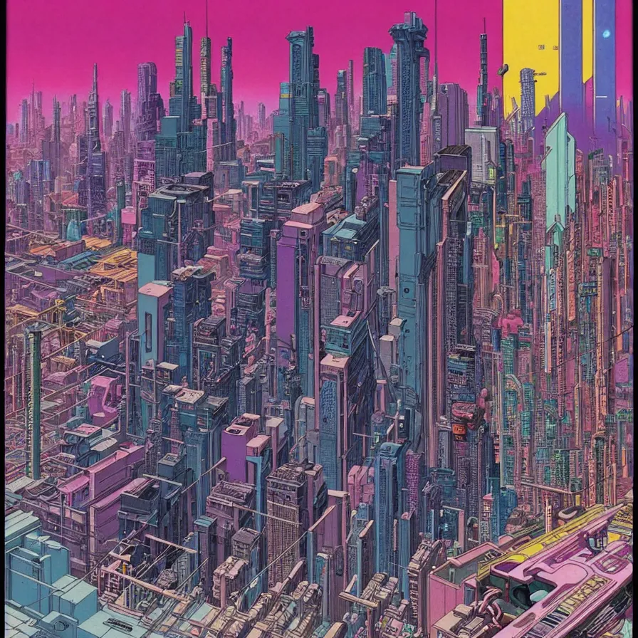 Image similar to ( ( ( ( cyberpunk city ) ) ) ) by mœbius!!!!!!!!!!!!!!!!!!!!!!!!!!!, overdetailed art, colorful, artistic record jacket design