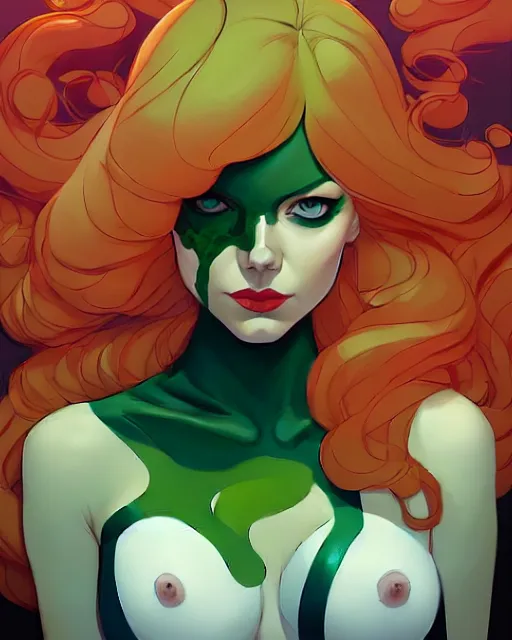 Image similar to joshua middleton, phil noto, artgerm, emma stone poison ivy dc comics, vines, symmetrical eyes, city rooftop