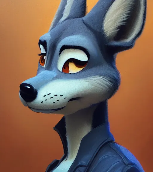 Prompt: oil painting bust of anthromorphic female wolf, in style of zootopia, zootopia, zootopia, fursona, furry, furaffinity, 4 k, deviantart, furry art, fursona art, wearing black business suit, business suit, in style of zootopia, wolf fursona, cyberpunk, female, expressive detailed feminine face,