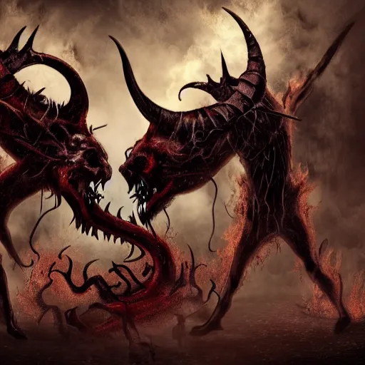 Image similar to Two demons fight each other in hell , dark gothic style, artwork, 4k