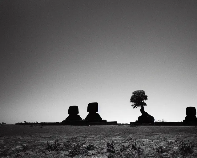 Image similar to black and white noir film with moai