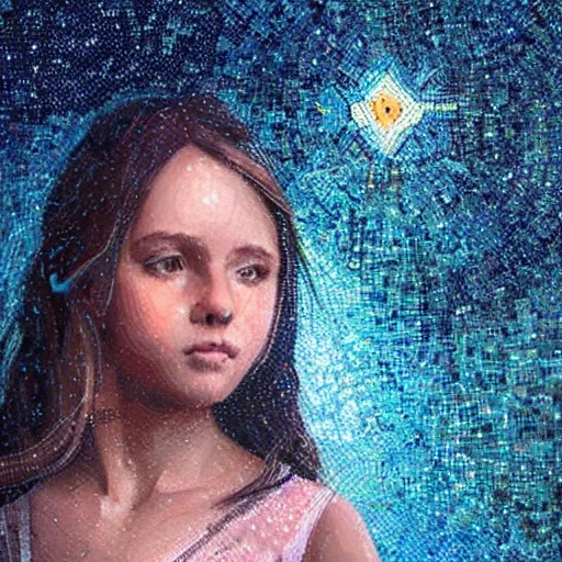 Prompt: mosaic portrait of a beautiful young girl in front of shining stars by greg rutkowski, 4k, intricate details, dichotomy